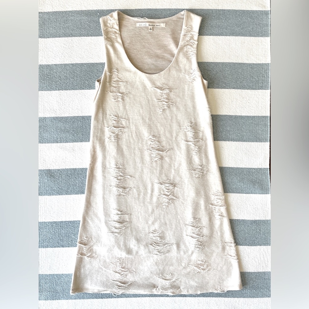 Rachel Roy Distressed Dress, Sleeveless, Khaki/Cream, Size Small